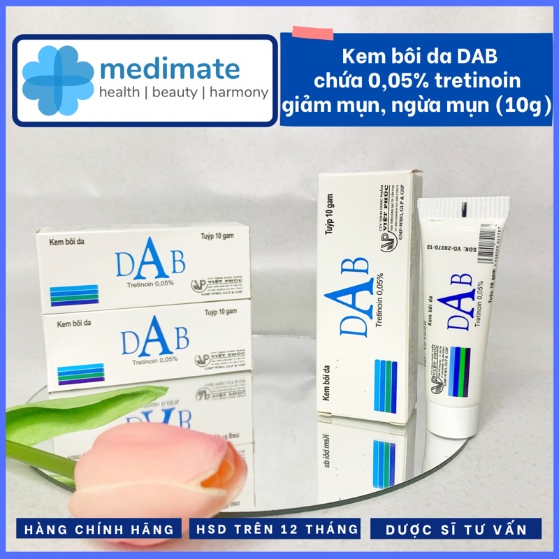 Kem bôi da DAB tretinoin 0,05% giảm mụn, giảm sạm da, sáng da (tuýp 10g)