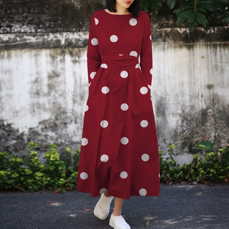 Đầm maxi ZANZEA dài tay họa tiết chấm bi thanh lịch thời trang cho nữ