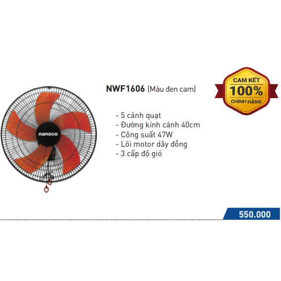 Quạt Treo Tường Nanoco NWF1606 - Màu Đen Cam