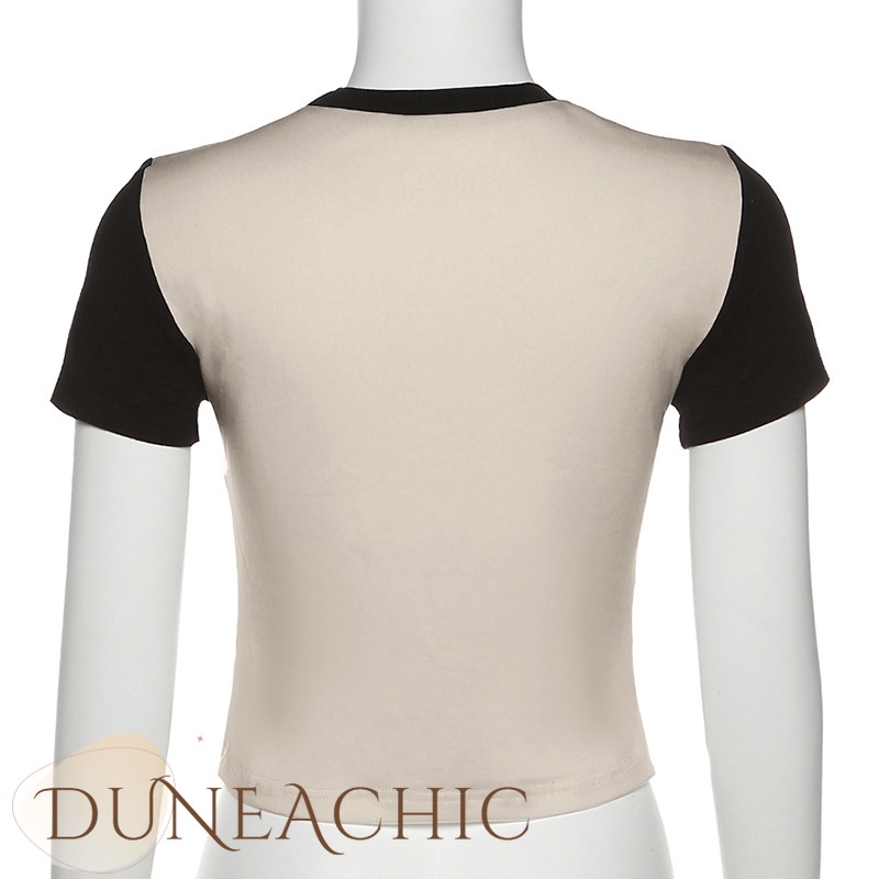 DUNEA Áo thun lửng tay ngắn cổ tròn màu tương phản quyến rũ thời trang dành cho nữ