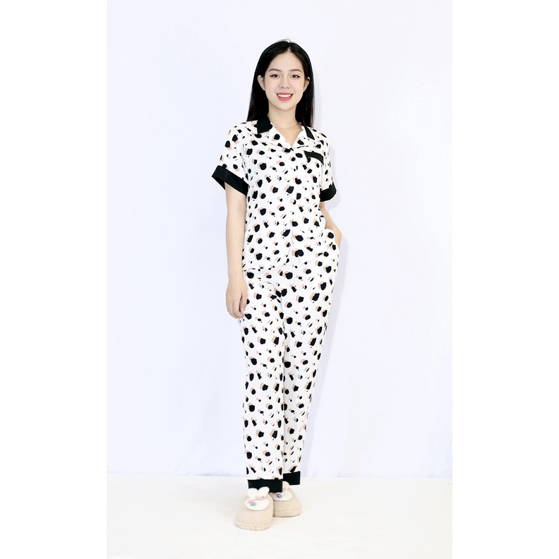 Bộ đồ Pijama nữ quần dài tay ngắn MÀU TRẮNG CHẤM ĐEN PHA CỔ ĐEN - SIÊU XINH - vải lụa COTTON - Cực Kì Sang Chảnh