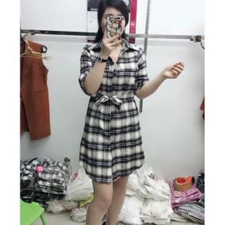 Sơ mi váy kẻ dáng suông giấu quần, hàng cao cấp Quảng Châu