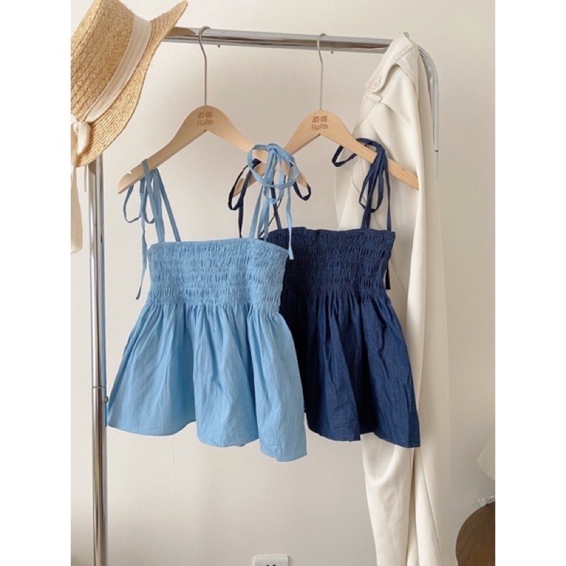 Áo Babydoll 2 dây chun ngực dáng lửng buộc nơ vai TG Shop9398