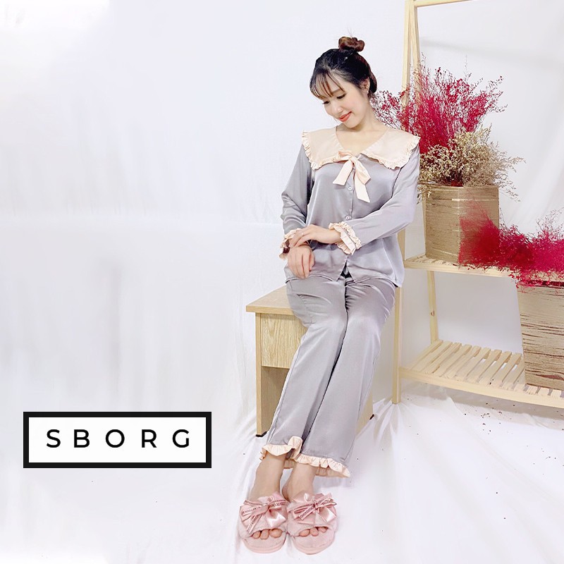 Đồ bộ nữ SBORG kiểu cute mặc nhà chất lụa satin cổ bèo nơ tay dài viền dún có túi freesize quà tặng vợ