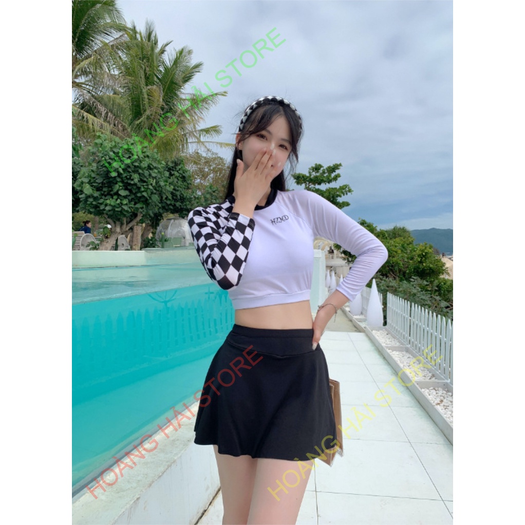 Bộ đồ bơi bikini kín đáo nữ hai mảnh đi tắm biển áo dài tay kèm váy - B34