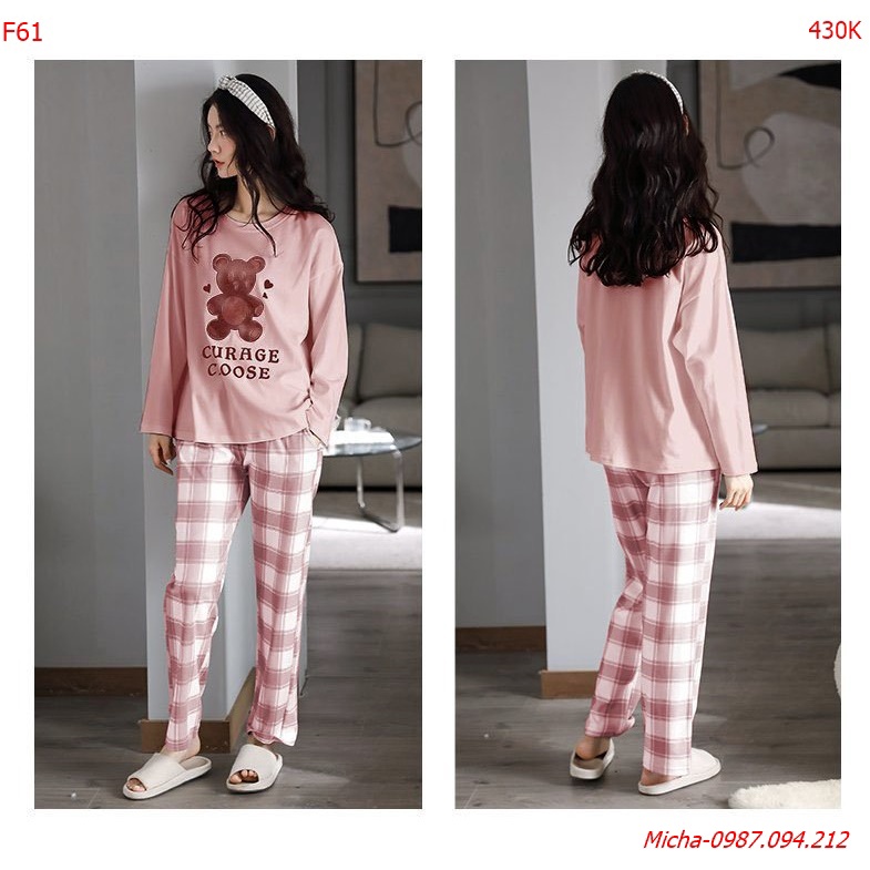 Bộ mặc nhà cotton dài tay gấu hồng (vải dày dặn) - Micha F61