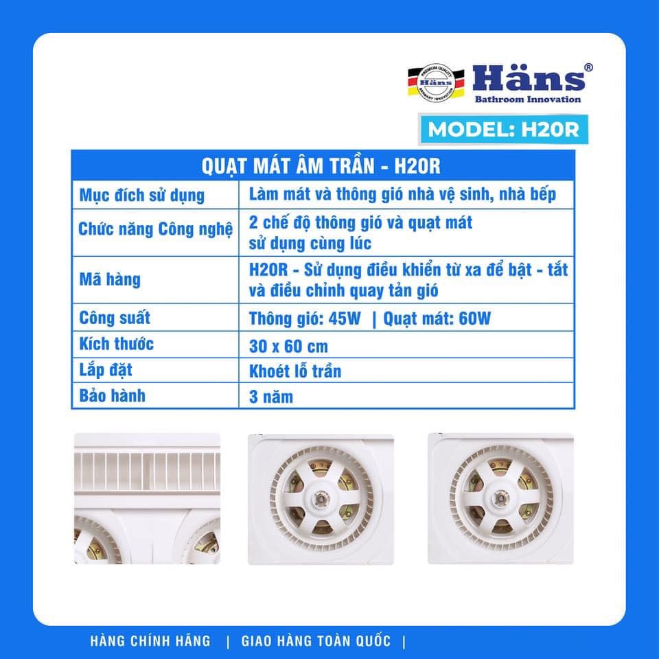 Quạt mát nhà vệ sinh có hút mùi và điều khiển từ xa Hans H20 H10R - Lắp âm trần kích thước 60 x 30 cm
