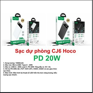 Sạc dự phòng HOCO CJ6, Pin dự phòng 10000mAh chính hãng sạc nhanh PD 20W QC 3.0 màn hình kỹ thuật số điện tử - BAOVY