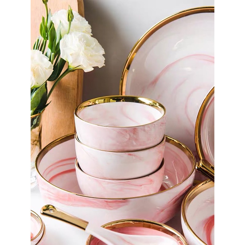 Bộ bát đĩa vân hồng viền vàng gốm sứ cao cấp