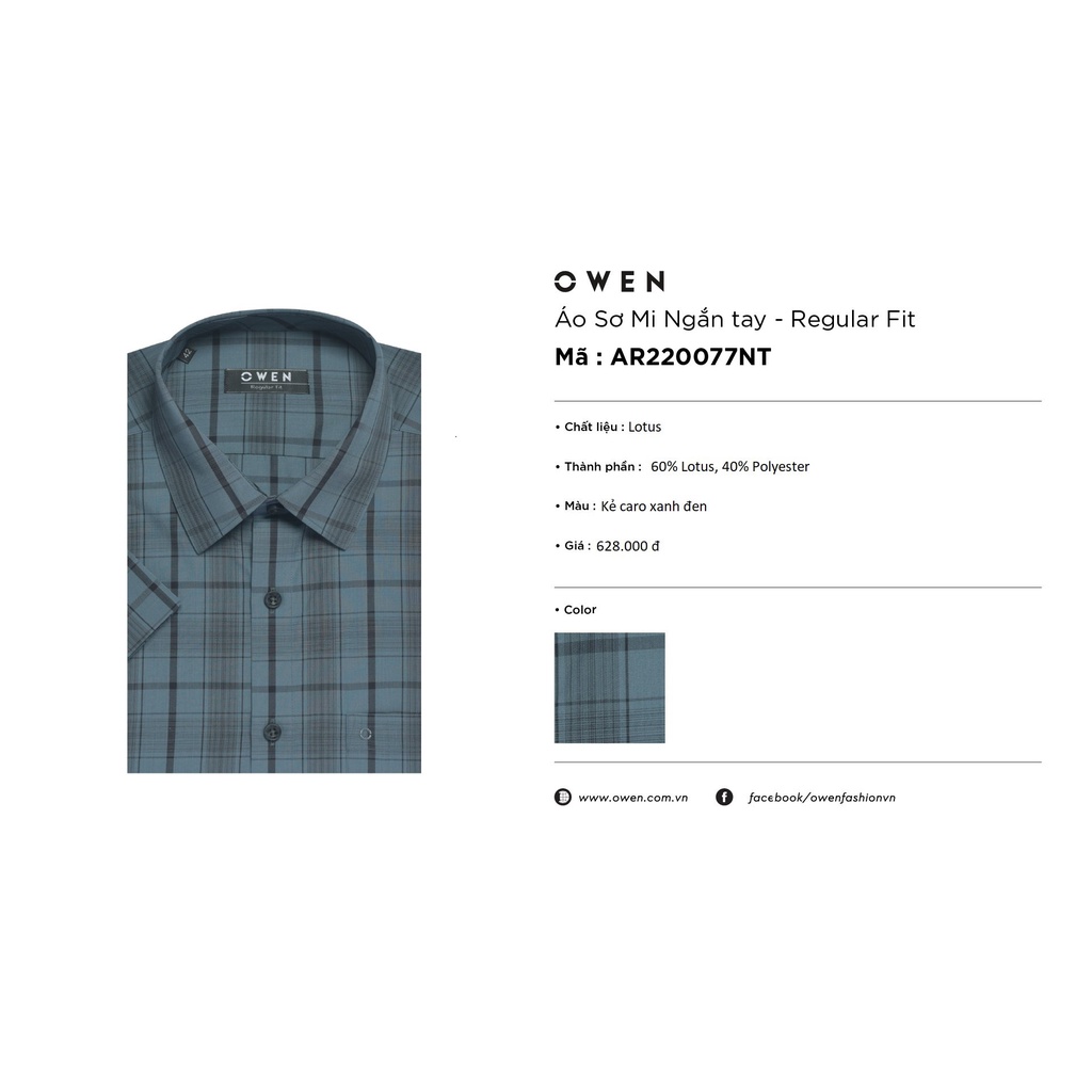 Áo Sơ Mi Nam Ngắn Tay OWEN AR220077NT Somi Công Sở Cao Cấp Màu Kẻ Caro Xanh Đen Vải Sợi Sen Dáng Suông Tà Lượn Có Túi