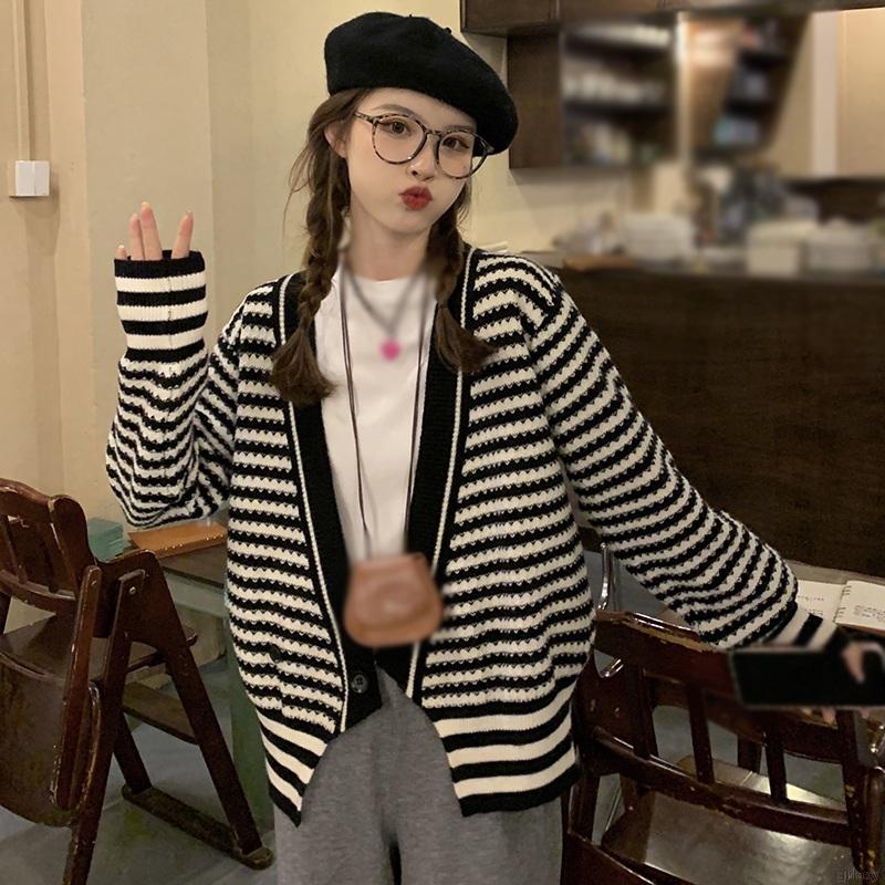 Áo khoác cardigan dệt kim cổ chữ V tay dài dáng rộng họa tiết kẻ sọc phong cách retro Hàn Quốc cho nữ