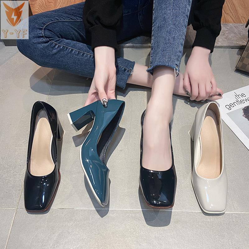 [High quality]Square toe high heels women's spring and autumn 2021 spring new wild fairy style sexy temperament thick heel shallow shoes