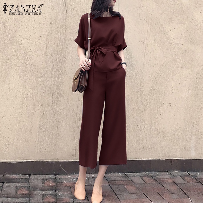 Bộ quần áo ZANZEA gồm áo kiểu tay lỡ cổ tròn và quần dài lưng thun thời trang dành cho nữ
