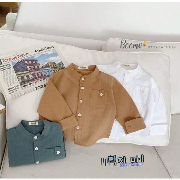 Áo sơ mi cổ tàu dài tay phối túi ngực Beemo cho bé trai