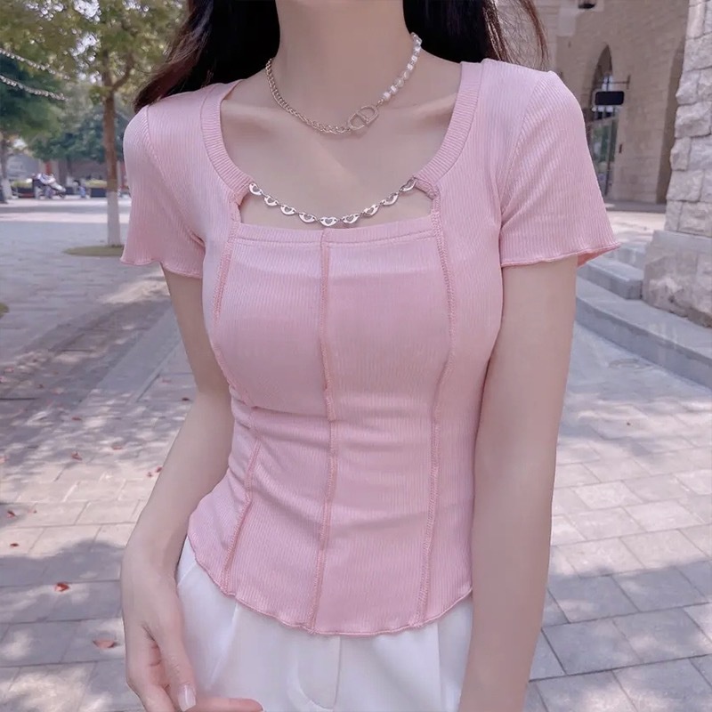 NZN Áo Thun Tay Ngắn Cổ Vuông Màu Sắc Đơn Giản Phong Cách Hàn Quốc Cho Nữ