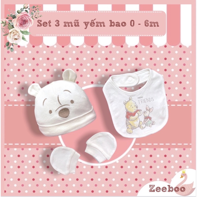 Set mũ sơ sinh hình gấu Pooh cho bé, chất vải cotton mềm mịn, kiểu dáng dễ thương, che thóp ấm cổ, bàn tay cho bé