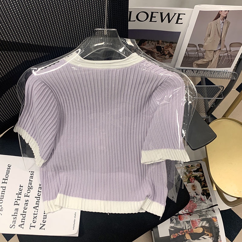 Áo cardigan Dệt Kim Tay Phồng Ngắn Cổ Chữ v Màu Tím Thời Trang Mùa Hè Cho Nữ