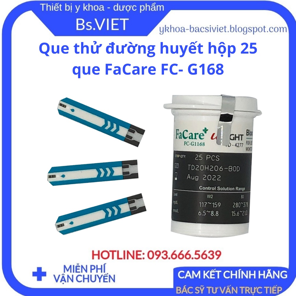 Que thử đường huyết hộp 25 que dùng cho máy đo đường huyết Facare FC- G168 - Hộp 25 que test đường huyết -Bsviet