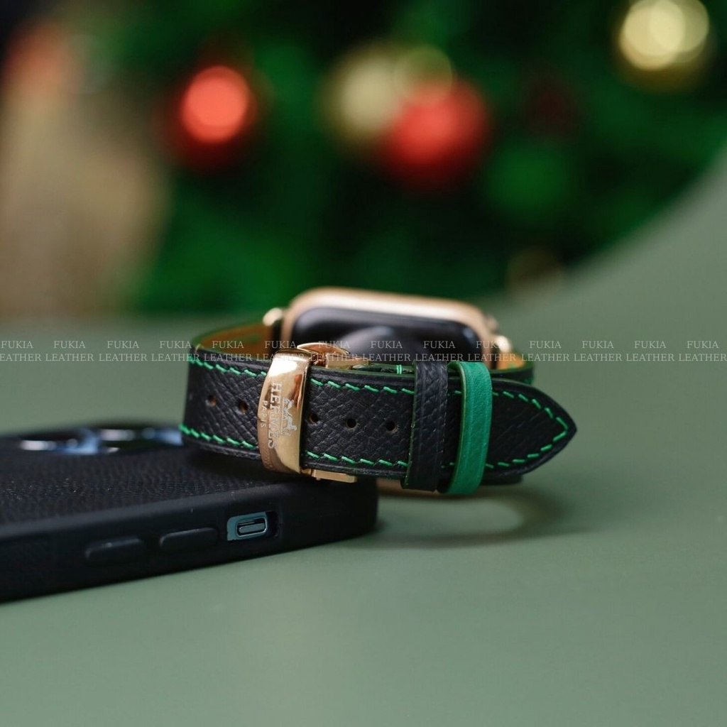 Dây da thủ công Epsom Đen Mix Chỉ Xanh Lá dành cho Apple Watch, đồng hồ thông minh, đồng hồ cơ