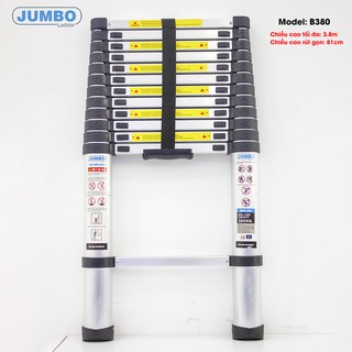 Thang nhôm rút JUMBO B380 - Dòng cao cấp, màu đen cao 3,8m, rút gọn 0.81m, tải trọng 300kg