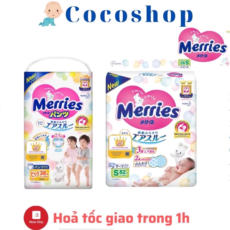 TPHCM Tã bỉm quần dán Merries các size Nb90 S82 M64 L54 M58 L44 XL 38