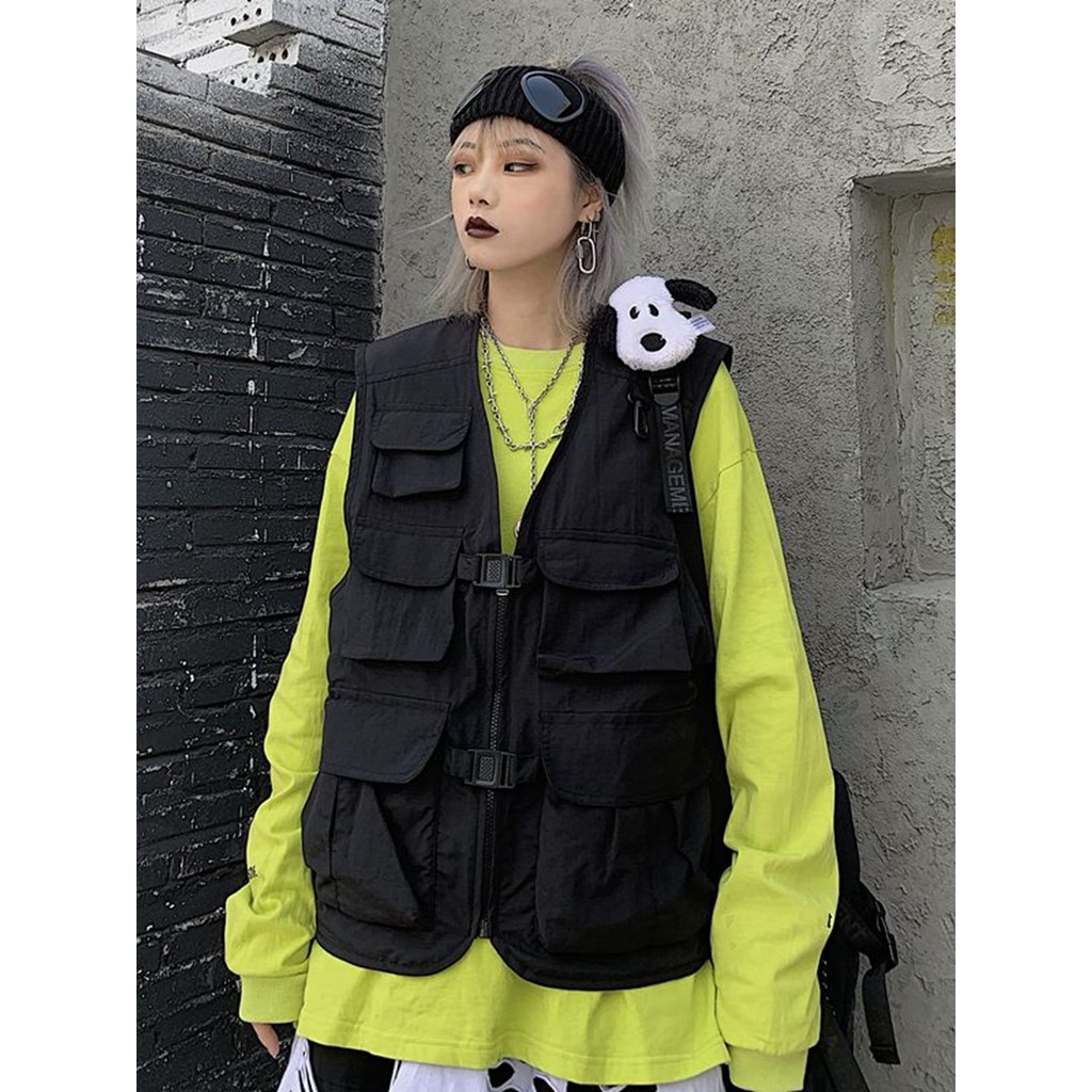 Áo Gile unisex túi hộp 2 màu đen và xanh rêu Ulzzang