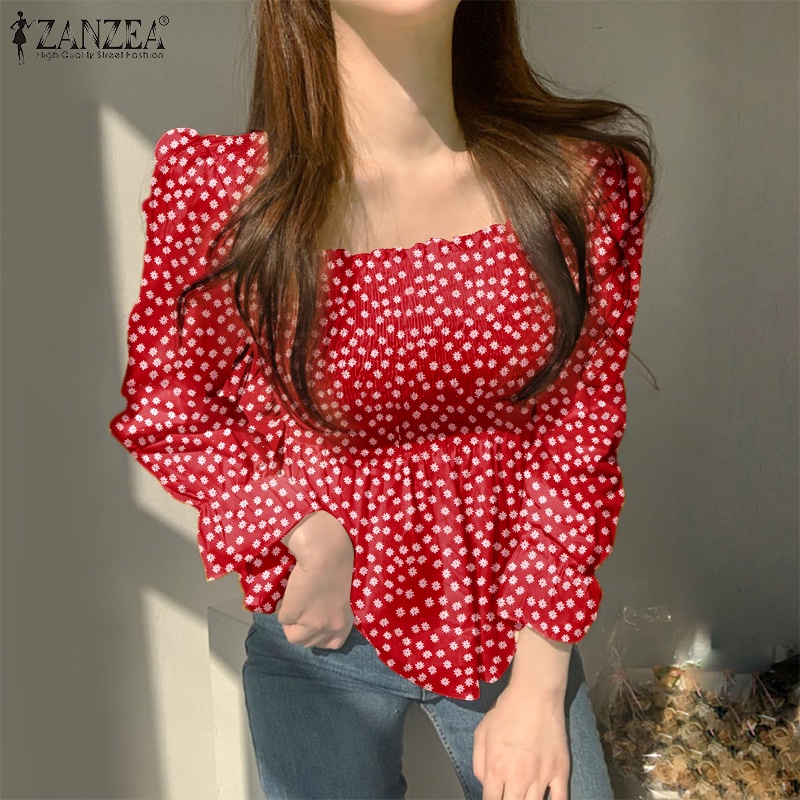 ZANZEA Áo Kiểu Tay Dài Cổ Vuông In Họa Tiết Phong Cách Hàn Quốc Thời Trang Cho Nữ