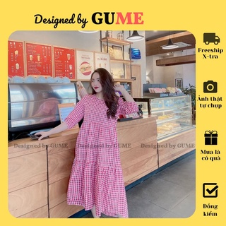 Đầm Bầu Công Sở - Váy Bầu GUME 2 màu Caro Đỏ, Đen dáng 3 tầng tay lỡ chất vải thô cotton mềm mát MB 205 - ảnh thật