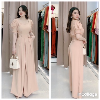 Jumpsuit ống rộng khoá eo tay phồng tặng hoa tai TẶNG KÈM HOA TAI THỜI TRANG