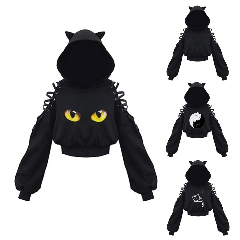 Áo Hoodie Có Dây Buộc Dáng Rộng Tay Dài Khoét Rỗng Hở Vai In Hình Tai Mèo Dễ Thương Phong Cách Harajuku Cho Nữ