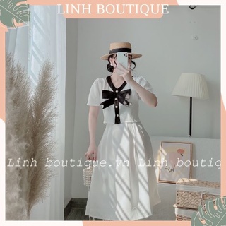 Sét chân váy xếp ly, áo cổ tim đính nơ tay lỡ thiết kế cao cấp thời trang công sở, dự tiệc sang trọng V101