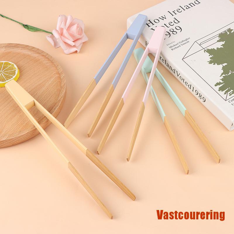 VASTring Blue Yellow Bamboo Cooking Kitchen Tongs Food BBQ Tool Salad Bacon Steak Br