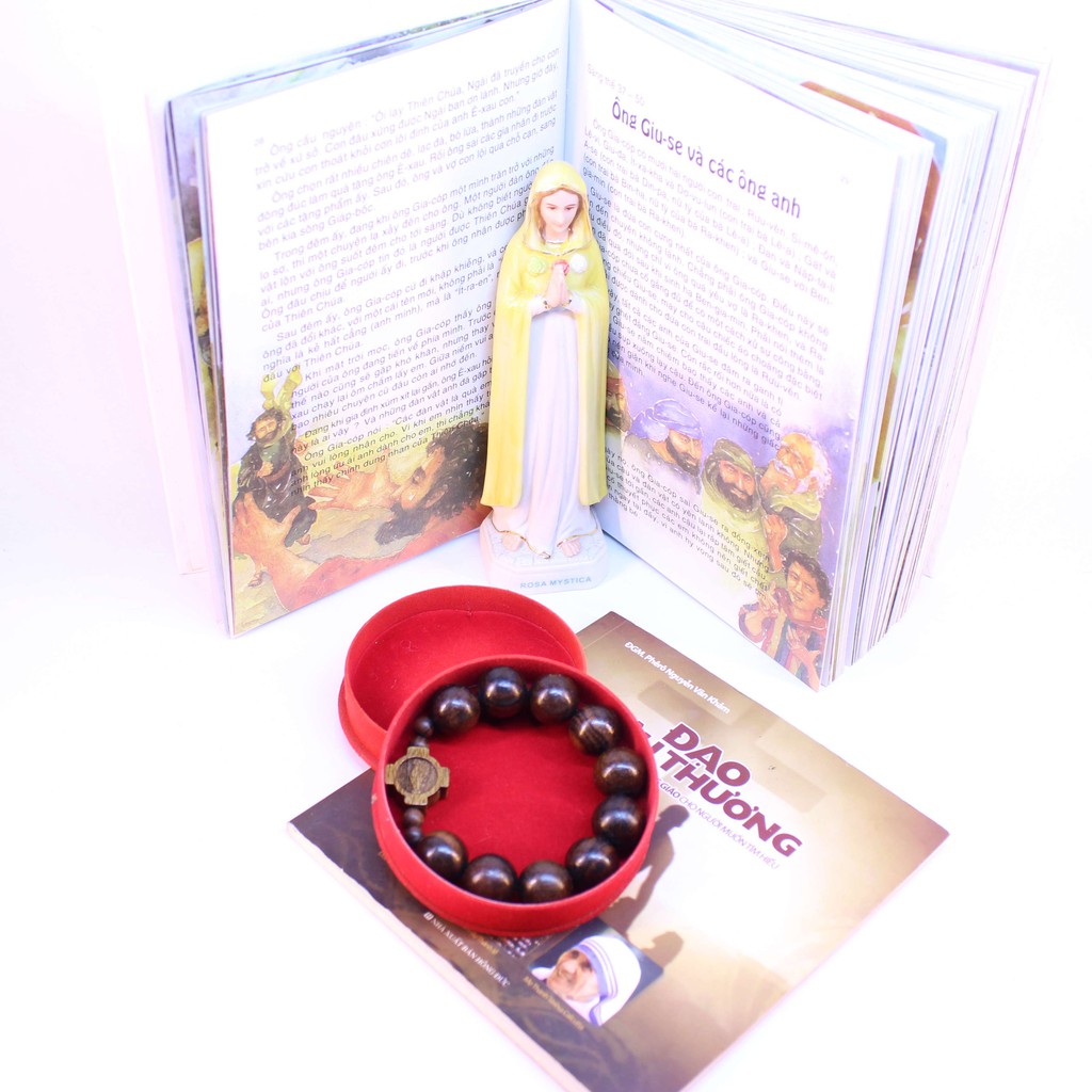 Vòng Tay Chuỗi Mân Côi Mun Sọc Nâu Đen Gỗ 14ly Thánh Giá khắc hình