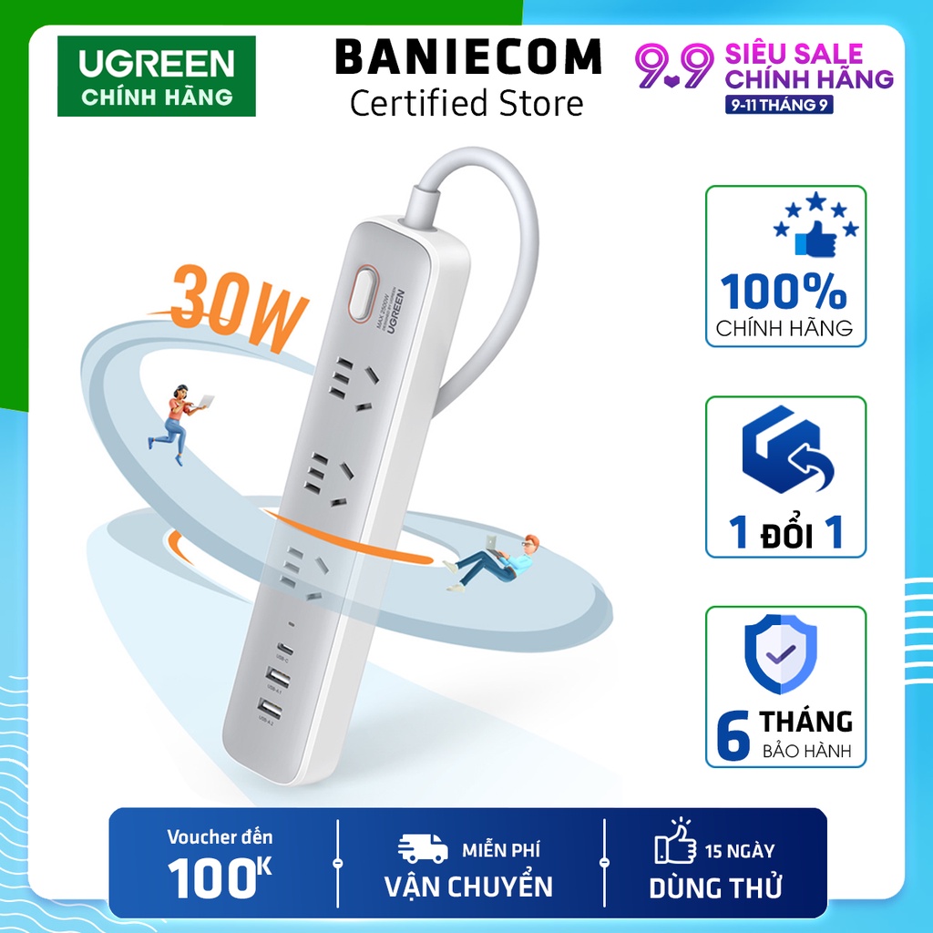 Ổ cắm điện đa năng UGREEN có sạc nhanh PD30W cổng USB + TypeC + AC220V, chịu tải 2500W, chống giật, chịu nhiệt 750oC