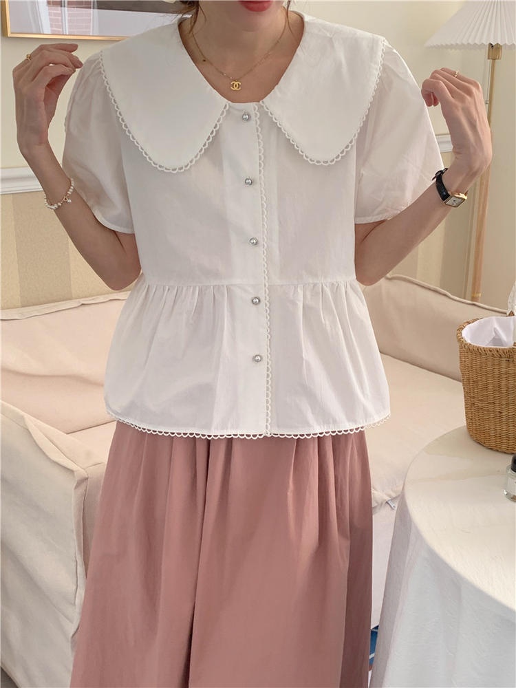 Áo Sơ Mi Tay Ngắn Cổ Búp Bê Phối Ren Dễ Thương 50917