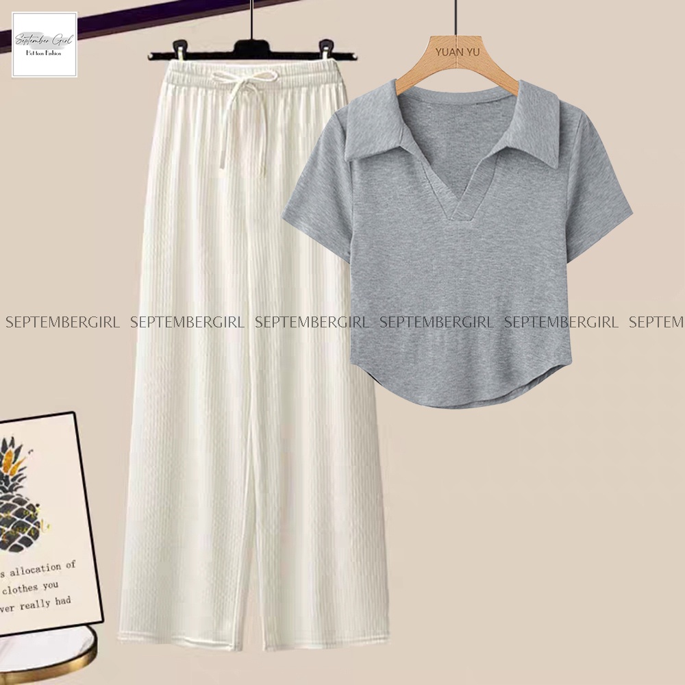 ComBo Áo Polo CropGHEP TOP Kết Hợp Quần Suông Thun Tăm Hách Dáng SEPTEMBERGIRL - GHEP TOP 001 + QUAN 001