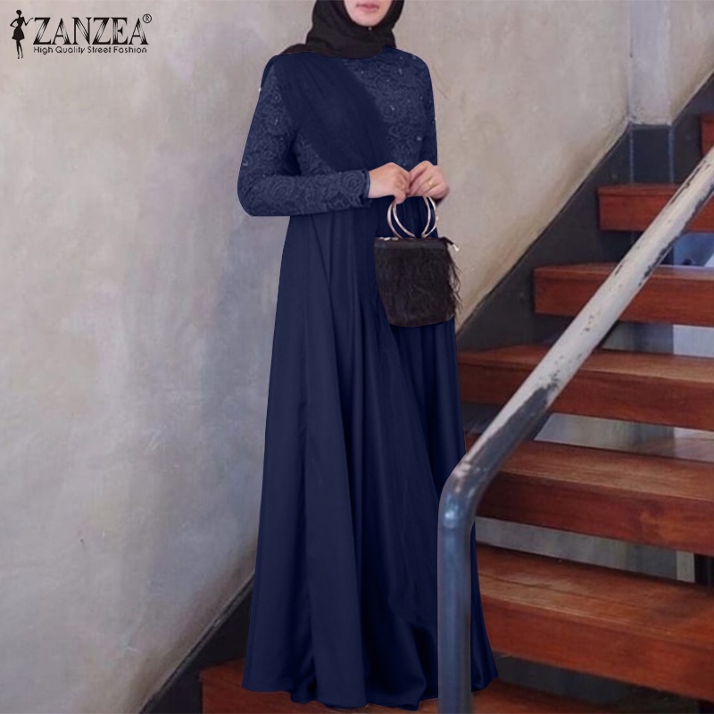 Đầm maxi Zanzea dài tay phối ren có khóa kéo thời trang dành cho nữ