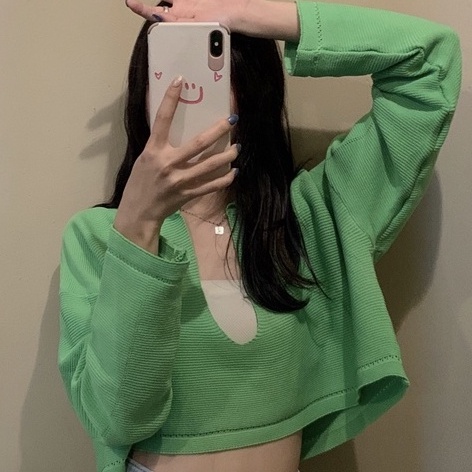 【ZHELIHANGFEI】Áo Dệt Kim Tay Dài Cổ POLO Eo Cao Hở Rốn