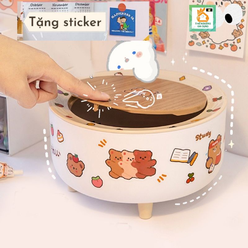 THÙNG RÁC MINI ĐỂ BÀN CÓ NẮP ĐẬY NHẤN NÚT TỰ BẬT KÈM STICKER SIÊU CUTE