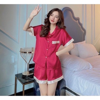 Bộ pijama lụa, bộ đồ ngủ lụa cộc đùi viền chữ phi bóng mềm mại đơn giản mặc ở nhà