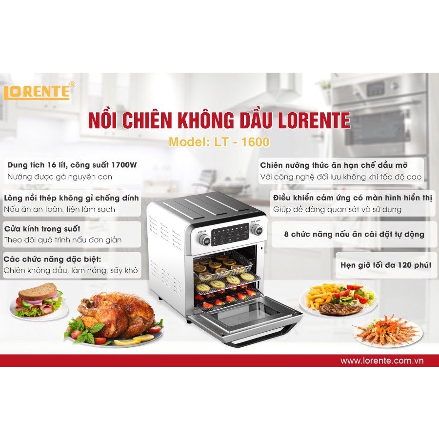 TẶNG KẸP -NỒI CHIÊN KHÔNG DẦU LORENTE 16L INOX SIÊU BỀN ĐẸP , KO MÙI NHỰA