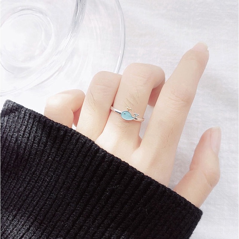 Nhẫn mạ bạc hình cá voi xanh có thể điều chỉnh thời trang dành cho nữ