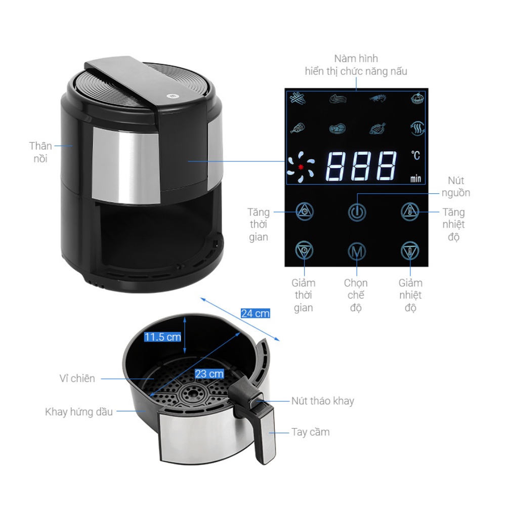 Nồi Chiên Không Dầu Mishio MK221 điều khiển cảm ứng 9L (5L) 1500W