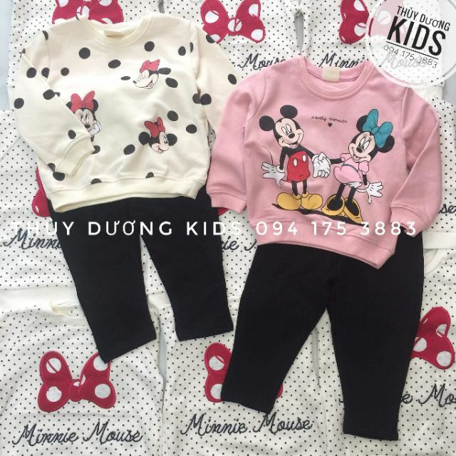 Bộ nỉ dày Zara Minnie chấm bi và mickey nắm tay màu hồng xuất dư cho bé gái