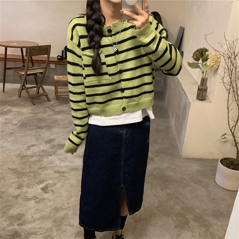 ZHELIHANGFEI Áo Cardigan Dệt Kim Tay Dài Dáng Rộng Lưng Cao Kẻ Sọc Xanh Lá Kiểu Retro Dễ Thương