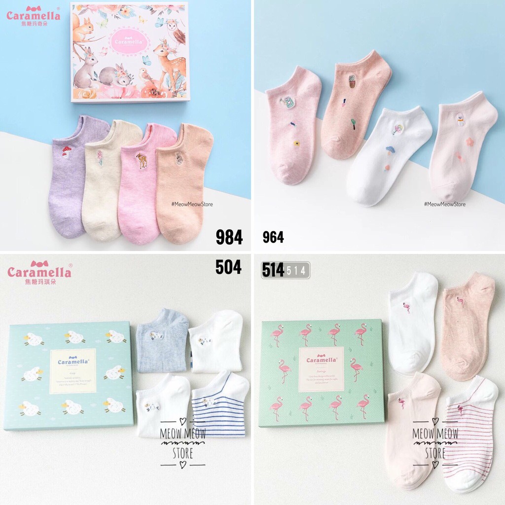 [Mã SKAMLTSM9 giảm 10% đơn 99K] Set 4 đôi vớ nữ cao cấp cổ ngắn hãng Caramella chất vải cotton mềm mại, thấm hút mồ hôi