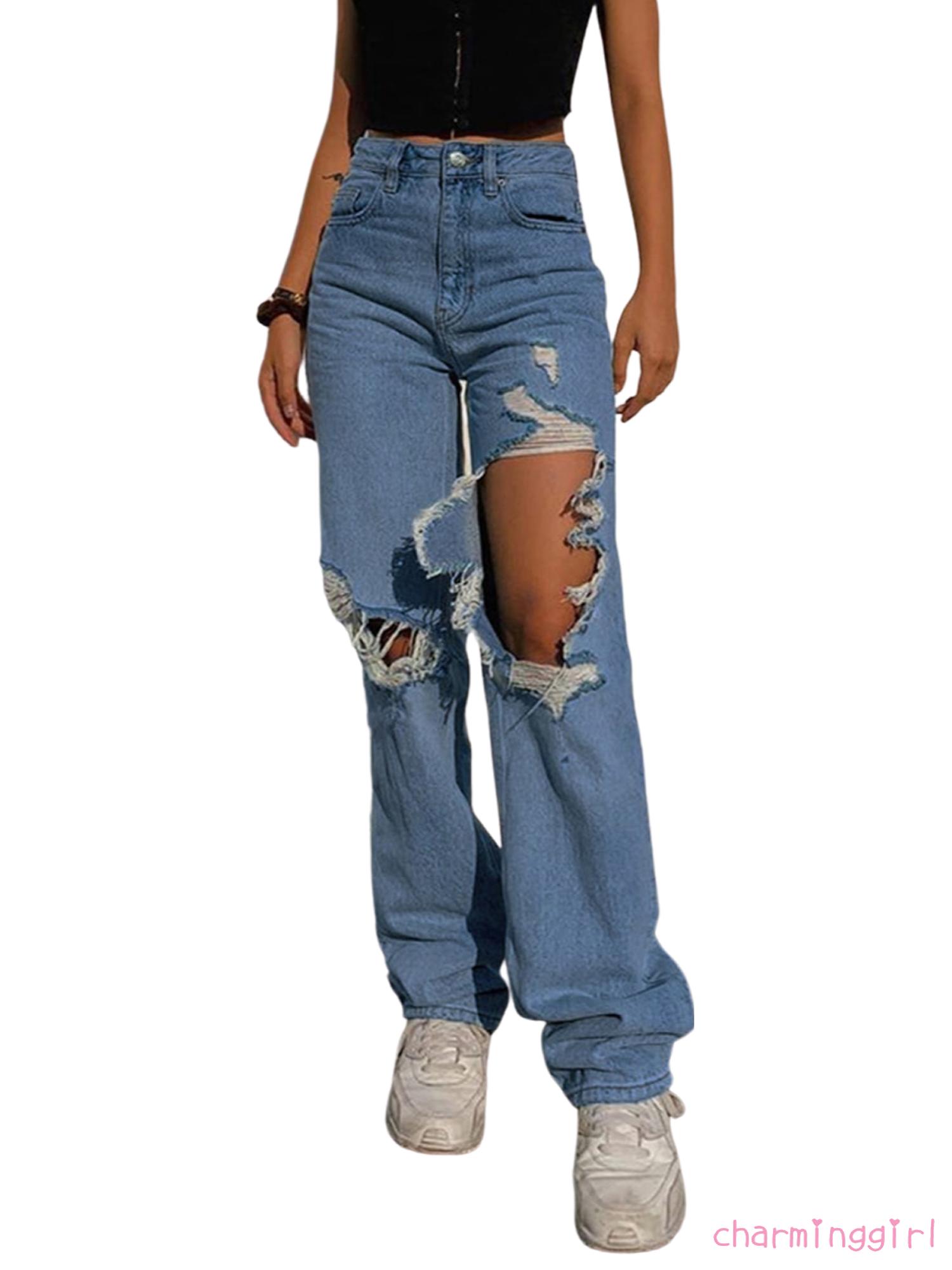 Quần Jeans Dài Lưng Cao Phối Vết Rách Cá Tính Cho Nữ | BigBuy360 - bigbuy360.vn