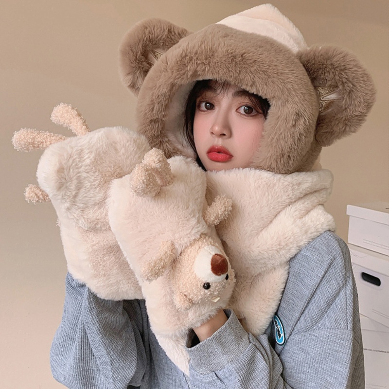 Mũ trùm đầu kiêm khăn choàng cổ 3 trong 1 giữ ấm tai gấu hoạt hình dễ thương