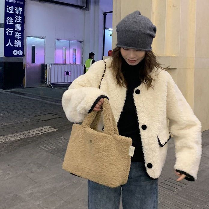 Áo Khoác Len Lông Cừu Ngắn Dáng Rộng Cổ Chữ V Thời Trang Thu Đông Hàn Quốc 2022