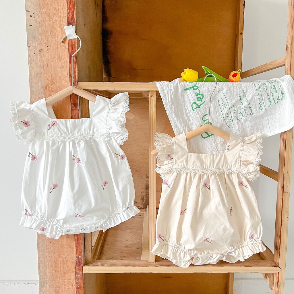 Áo Liền Quần Cổ Vuông Bằng Cotton Thêu Ren Dễ Thương Dành Cho Bé